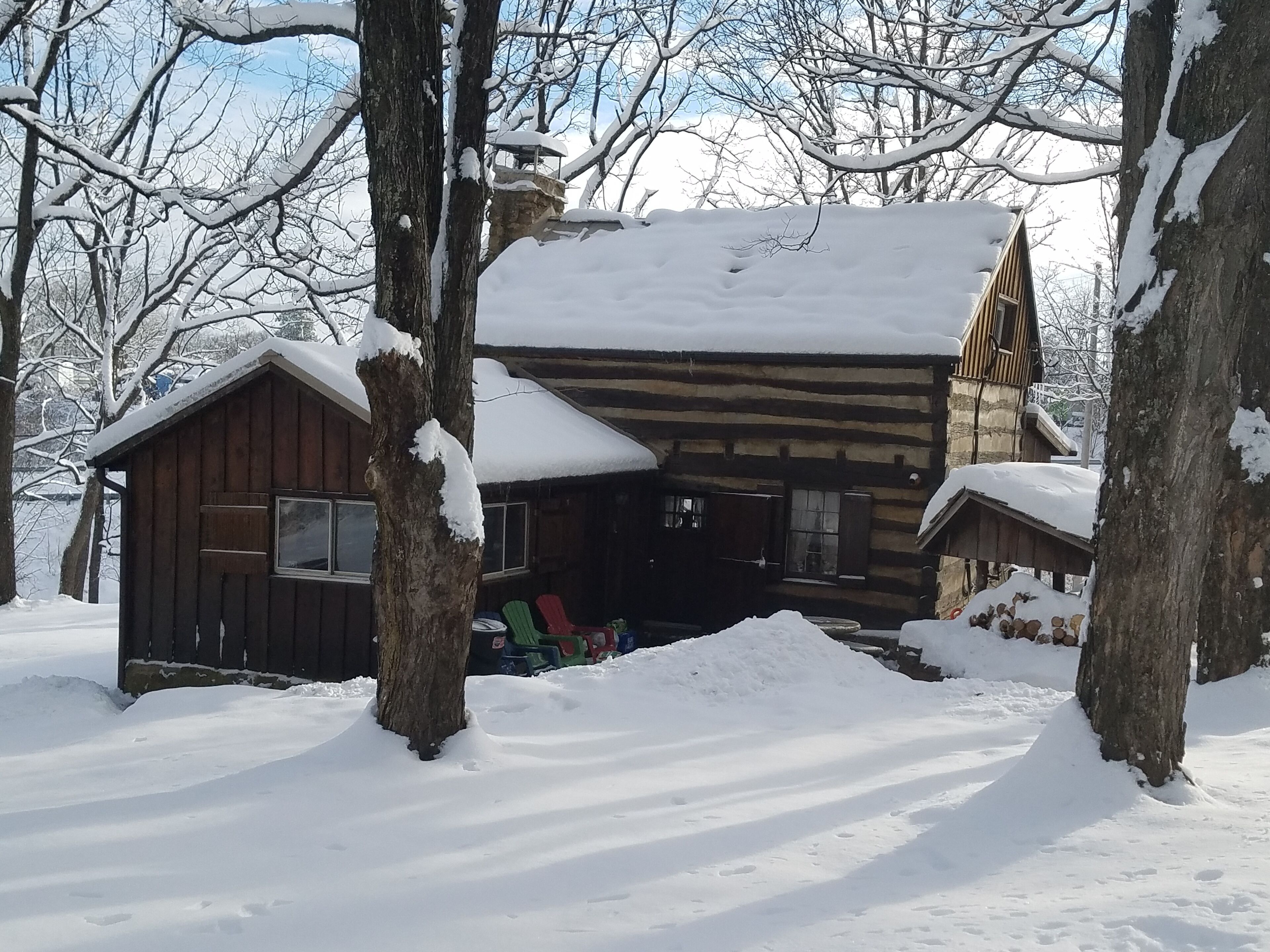 A log cabin with a snow-covered roof, surrounded by trees.