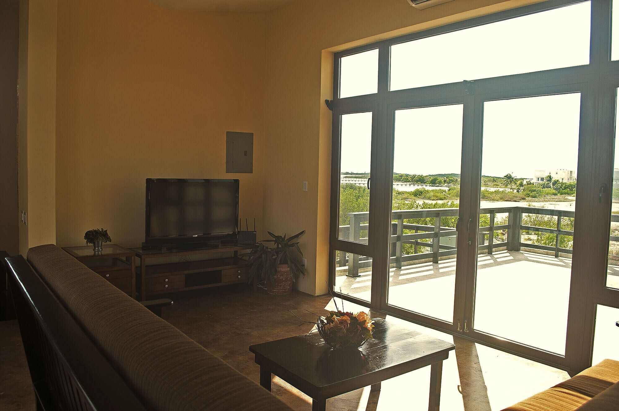 A living room with a sofa, a television, and a table with a vase. There is a large window with a view of a balcony and greenery.