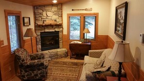 TV, fireplace, DVD player, books