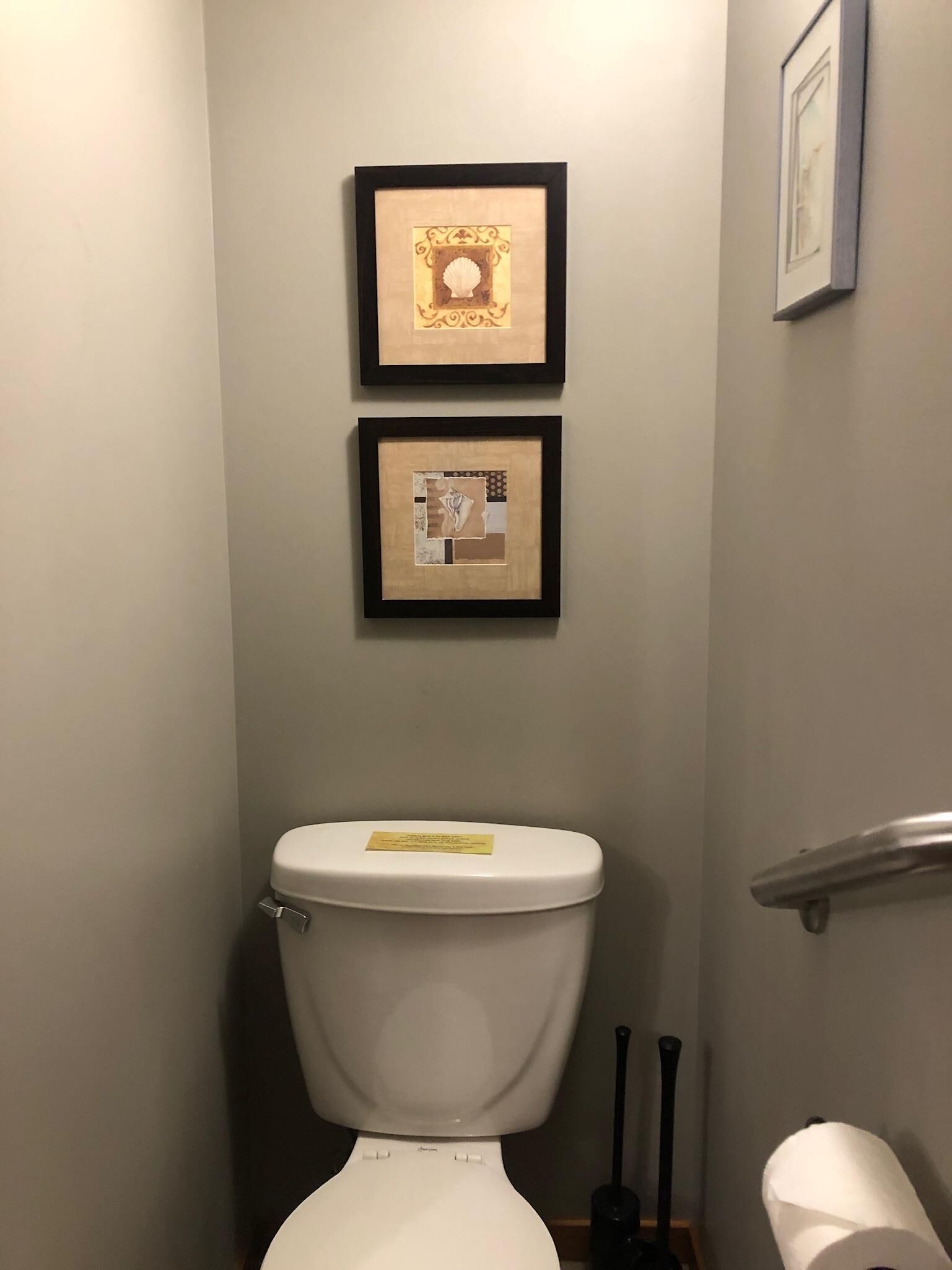 Un baño con inodoro blanco, dos cuadros enmarcados en la pared y un perchero a la derecha.