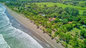 Luftaufnahme einer Küstenregion mit Strand, Palmen und verstreuten Gebäuden.