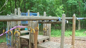 A wooden playground structure with monkey bars, a slide, and a climbing area.