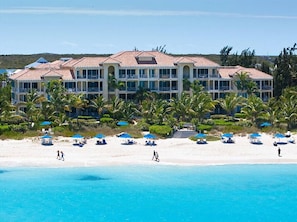 On the beach, sun loungers, beach towels