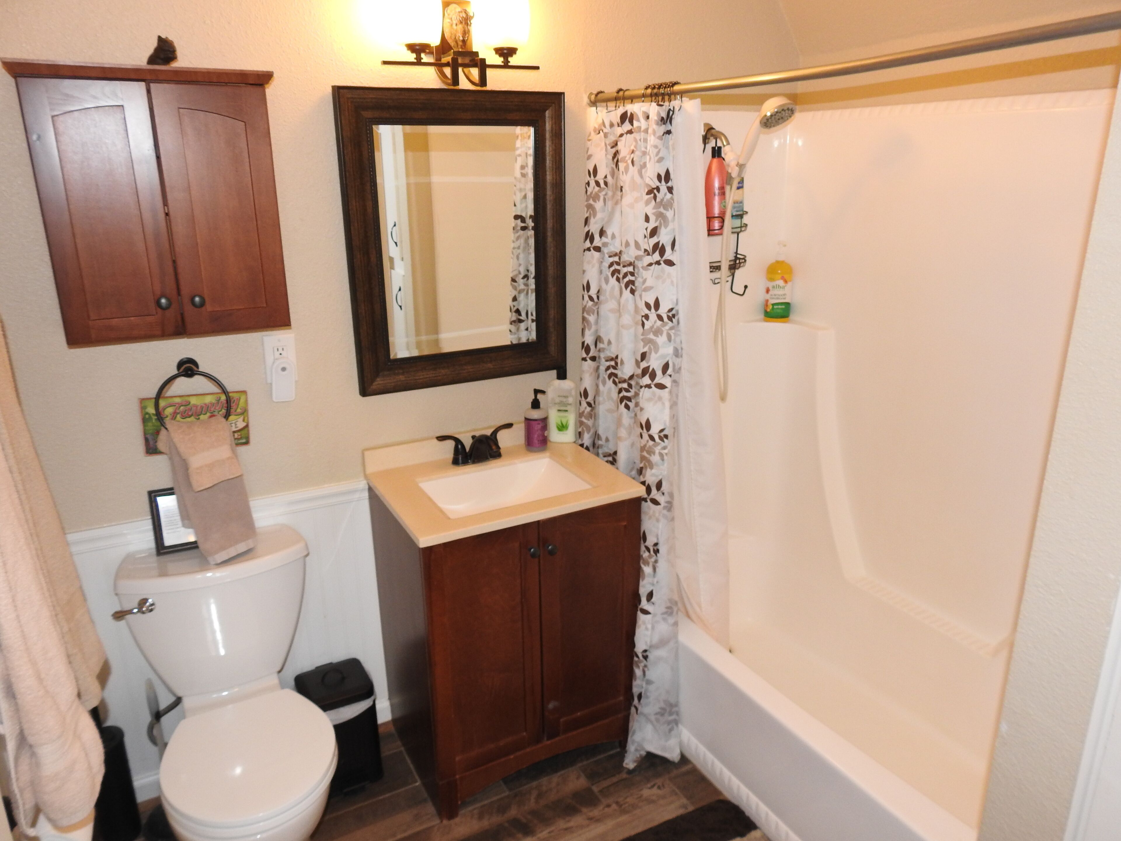 Combined shower/tub, hair dryer, towels, soap