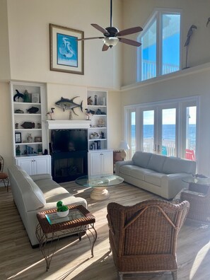 TV connectée, cheminée, lecteur de DVD, livres