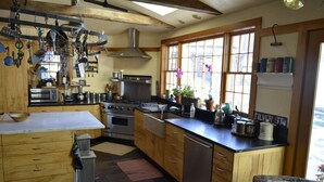 A kitchen with wooden cabinets, a stainless steel stove, and a large window with potted plants.