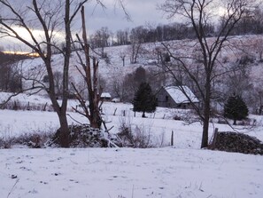 Un paysage rural avec des champs couverts de neige, des arbres sans feuilles et un mur de pierres.
