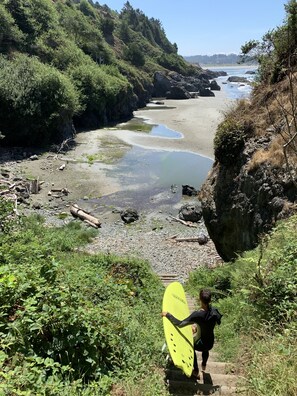 Eine Person hält ein gelbes Surfbrett auf einem felsigen Pfad, der zu einem Strand führt.
