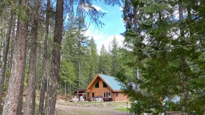 A cabin with a sloped roof, surrounded by tall trees and a clear sky.
