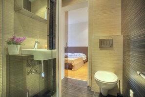 Shower, hair dryer, towels, toilet paper