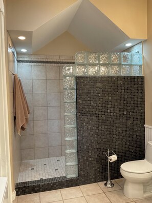 Shower, hair dryer, towels, soap - Luxurious Direct Beachfront Condo #327--Close to Downtown. (Traverse City)