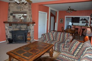 Televisión, chimenea, reproductor de DVD y videoteca 