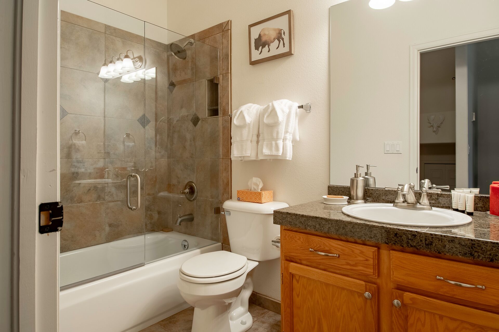 A bathroom with a glass-enclosed shower, a white toilet, a sink with a granite countertop, wooden cabinets, and a mirror.
