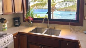 Una cocina con armarios de madera, un lavamanos de acero inoxidable, una cafetera y vista al océano a través de una ventana.