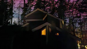 Une petite cabane au toit en pente, entourée de grands arbres.