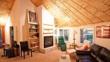 Télévision, cheminée, livres