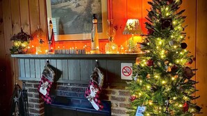 A cozy fireplace area with a Christmas tree, stockings, and a framed picture above the mantel. - Rustic Romantic Bayberry Cottage at Autumn Ridge (Lexington)