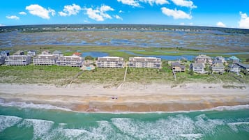 On the beach, sun loungers