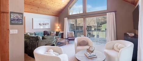 Smart TV, fireplace, books, stereo