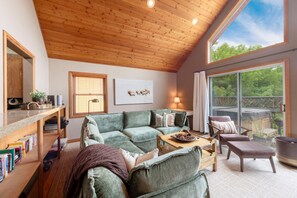 Smart TV, fireplace, books, stereo