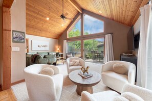 Smart TV, fireplace, books, stereo