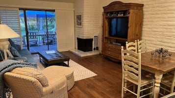 Smart TV, fireplace, video games, DVD player