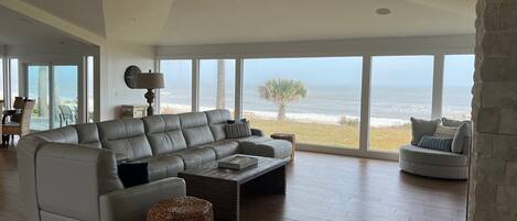 Smart TV, fireplace, books, music library