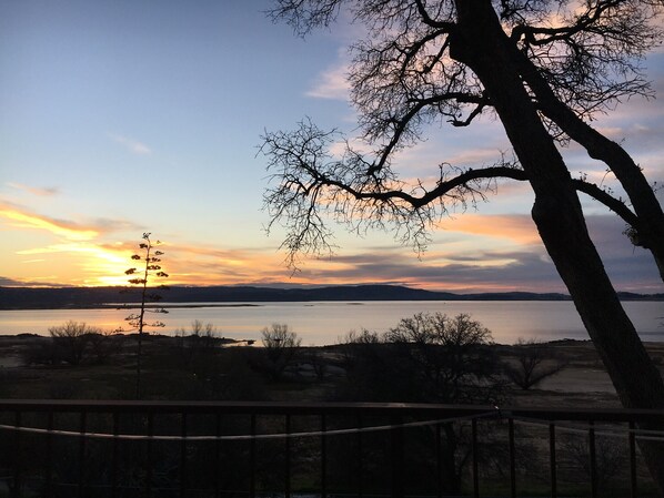 A sunset view over a calm lake with a tree in the foreground.