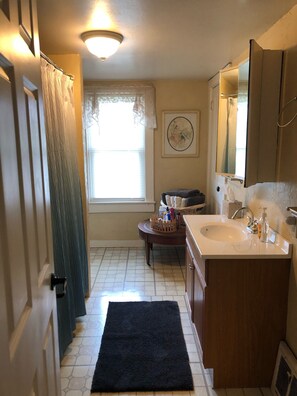 Bathtub, towels, soap, toilet paper