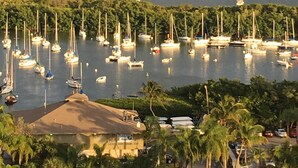 A marina with numerous sailboats docked, surrounded by lush greenery and a clear view of the ocean.