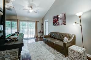 Smart TV, fireplace, video games, DVD player