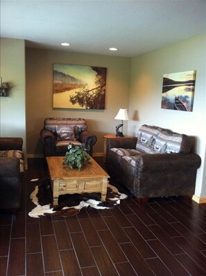 TV, fireplace, books