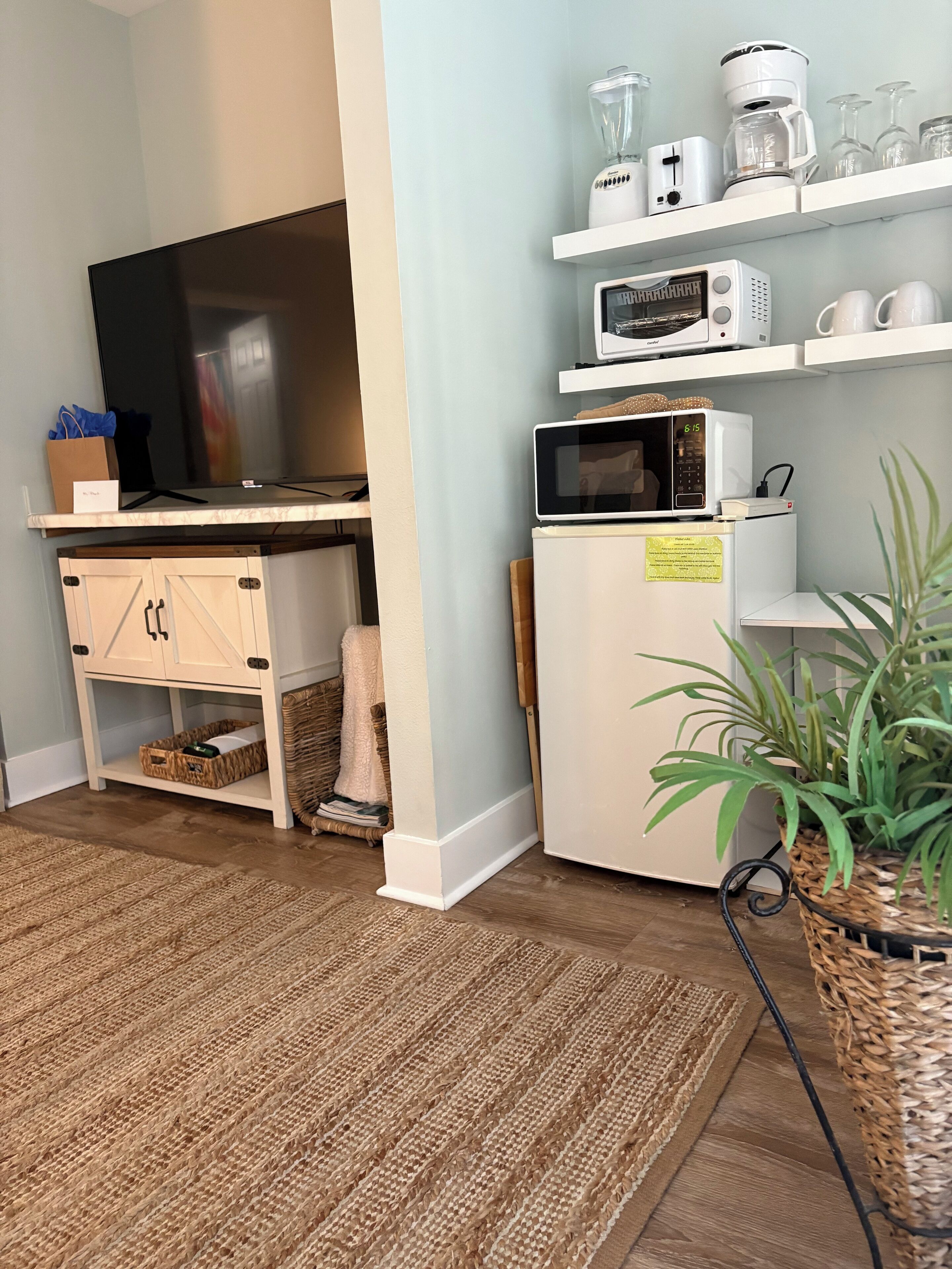 A compact living space with a TV, kitchenette, and a small plant.