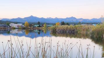 A tranquil lakeside view with houses and mountains in the background.