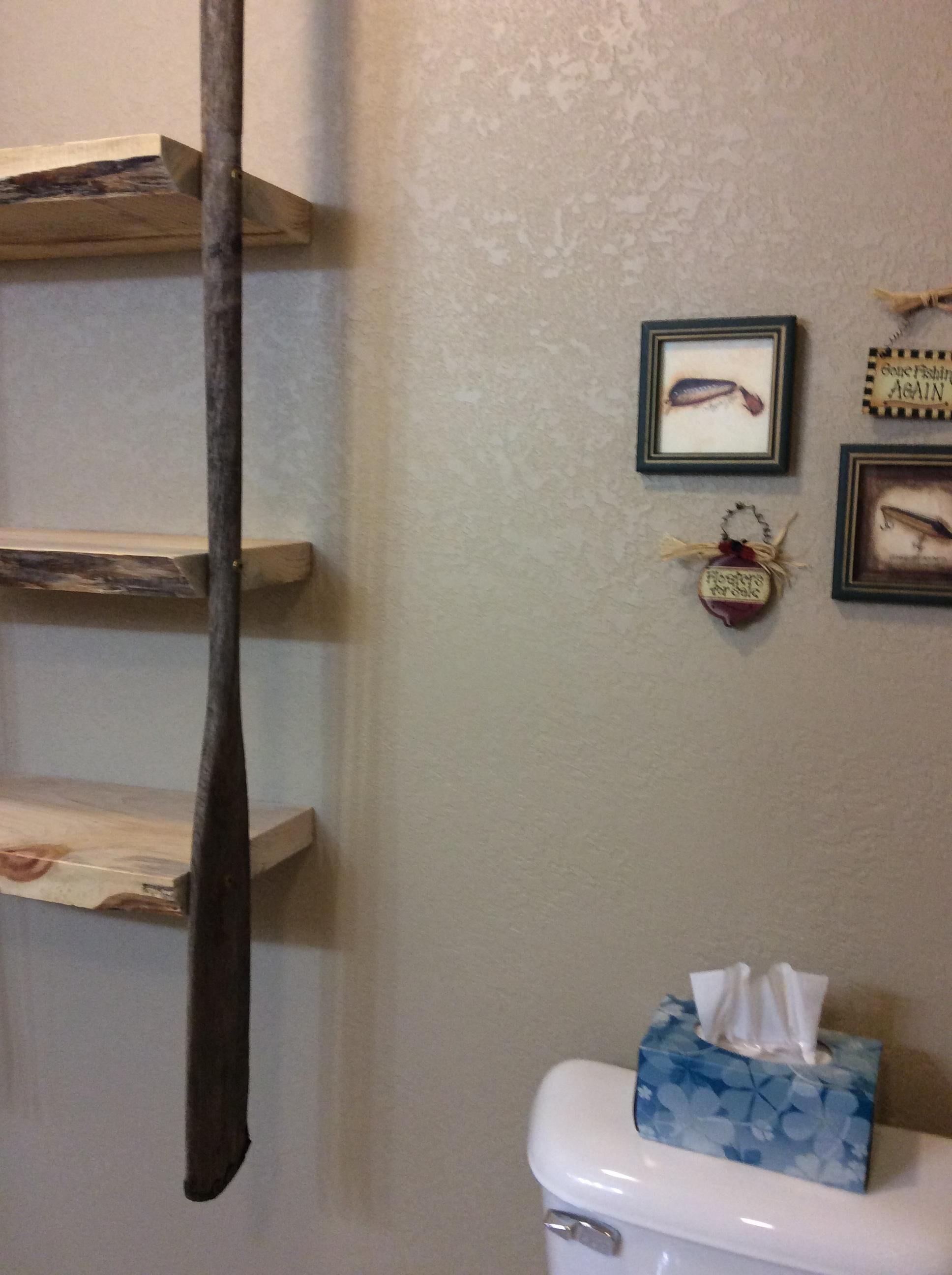 A bathroom with a toilet, a tissue box, and a wall-mounted shelf with a decorative item.