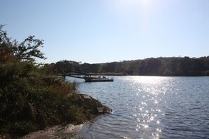 A calm lake with a dock extending into the water, surrounded by dense foliage and a clear sky.