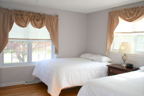 A bedroom with two beds, a nightstand with a lamp, and a window with curtains.