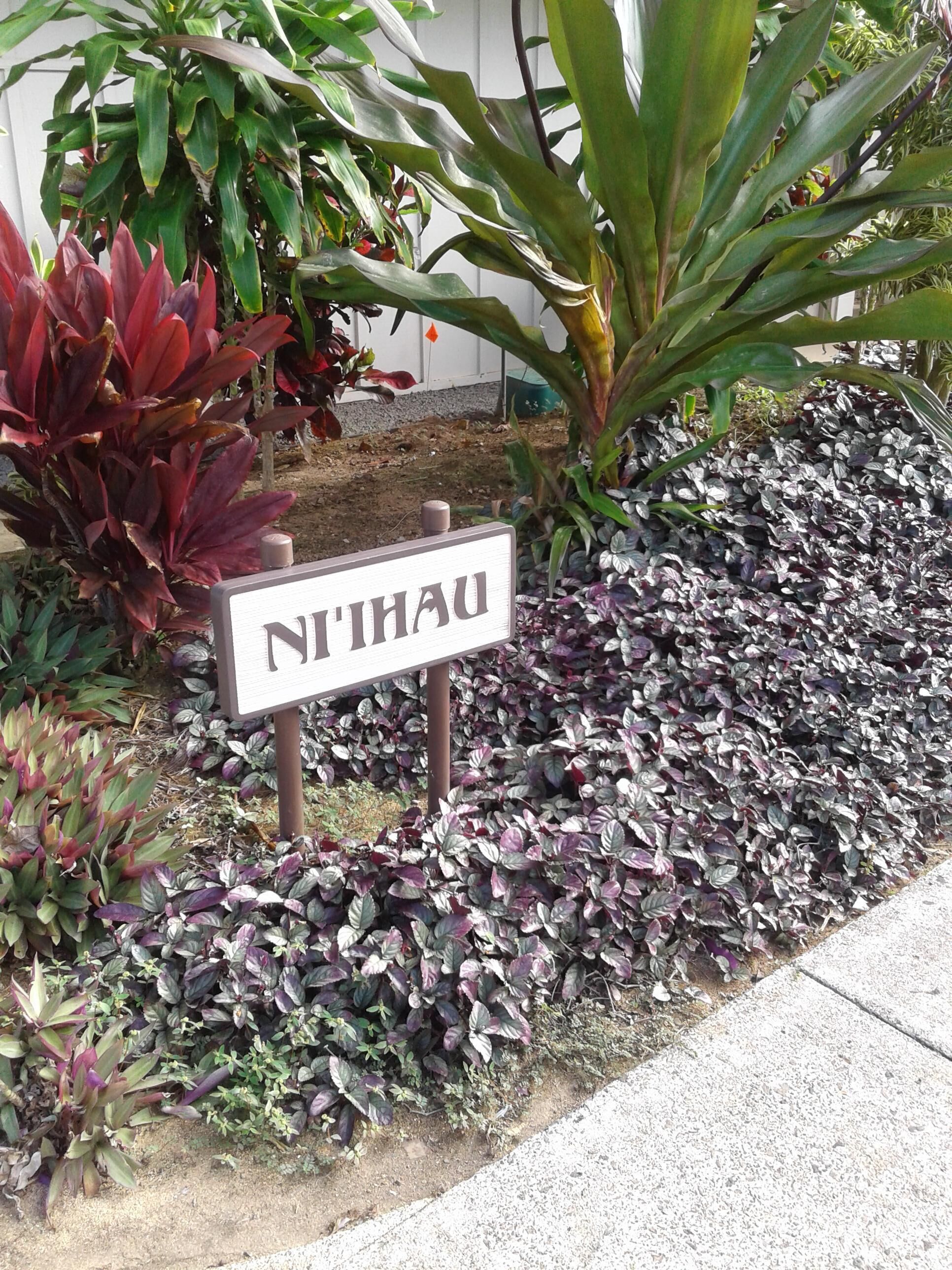 A garden with a sign that reads "N'IHAU".
