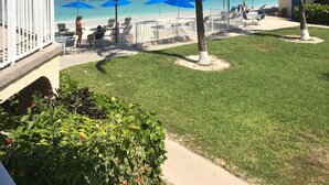 A beachside resort with palm trees, blue umbrellas, and a view of the ocean. - Oceanfront -on 7 Mile Beach- 1  Bed-Cayman Reef Resort # 21 Sleeps 4,   (Seven Mile Beach)