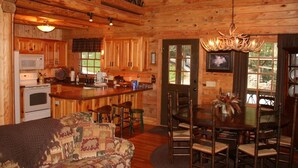 A log cabin interior with a kitchen, dining area, and a cozy living room.