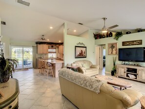 Smart TV, DVD player, books, video library
