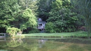 A house surrounded by dense trees and a calm pond. - Relaxing Cozy Cabin in the Heart of the Blue Ridge Mountains. Pet friendly (Foscoe)