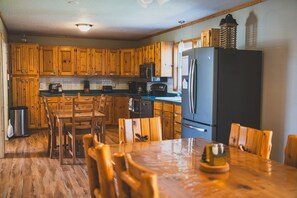 Fridge, microwave, oven, stovetop - Large Lakefront Home w/ Private Launch & Dock (Backus)