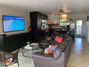 Televisio, DVD-soitin, kirjoja, videokirjasto