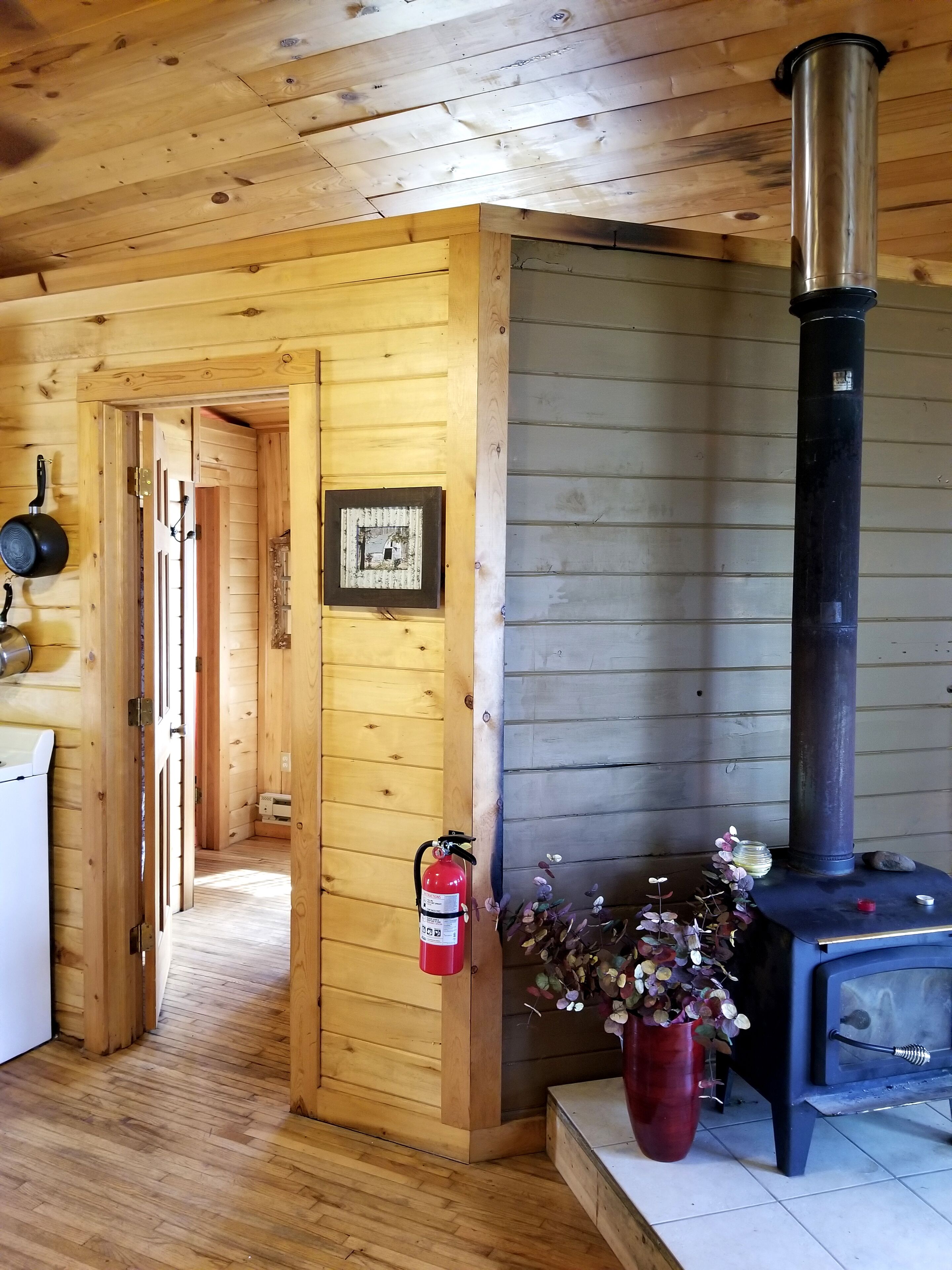 A wooden interior with a black wood stove, a fire extinguisher, and a framed picture on the wall.