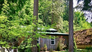 Eine rustikale Holzhütte, umgeben von dichtem Wald, mit Holzzaun und einem kleinen Garten.