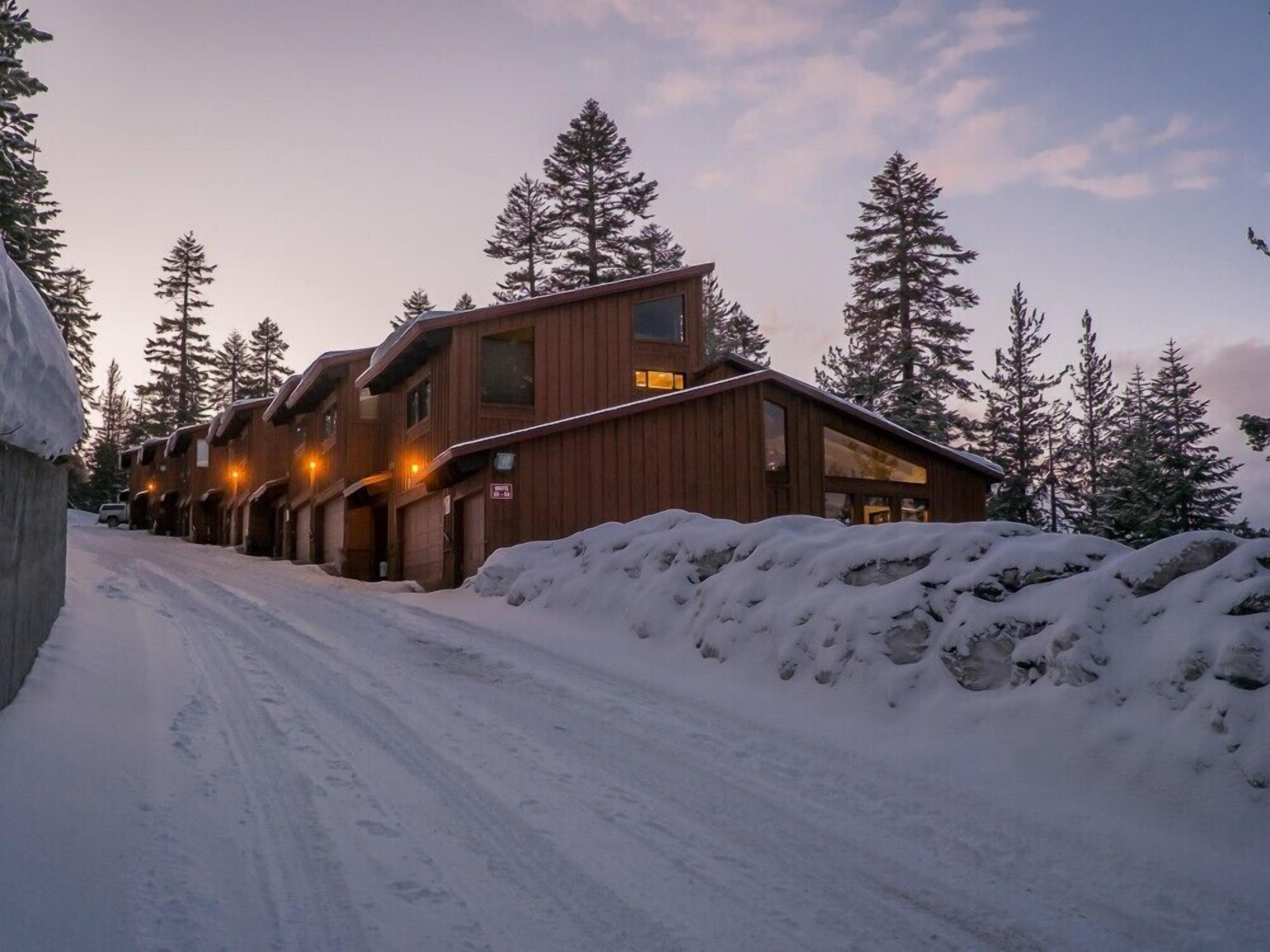 A wooden lodge with multiple rooms, a snow-covered driveway, and tall pine trees in the background.