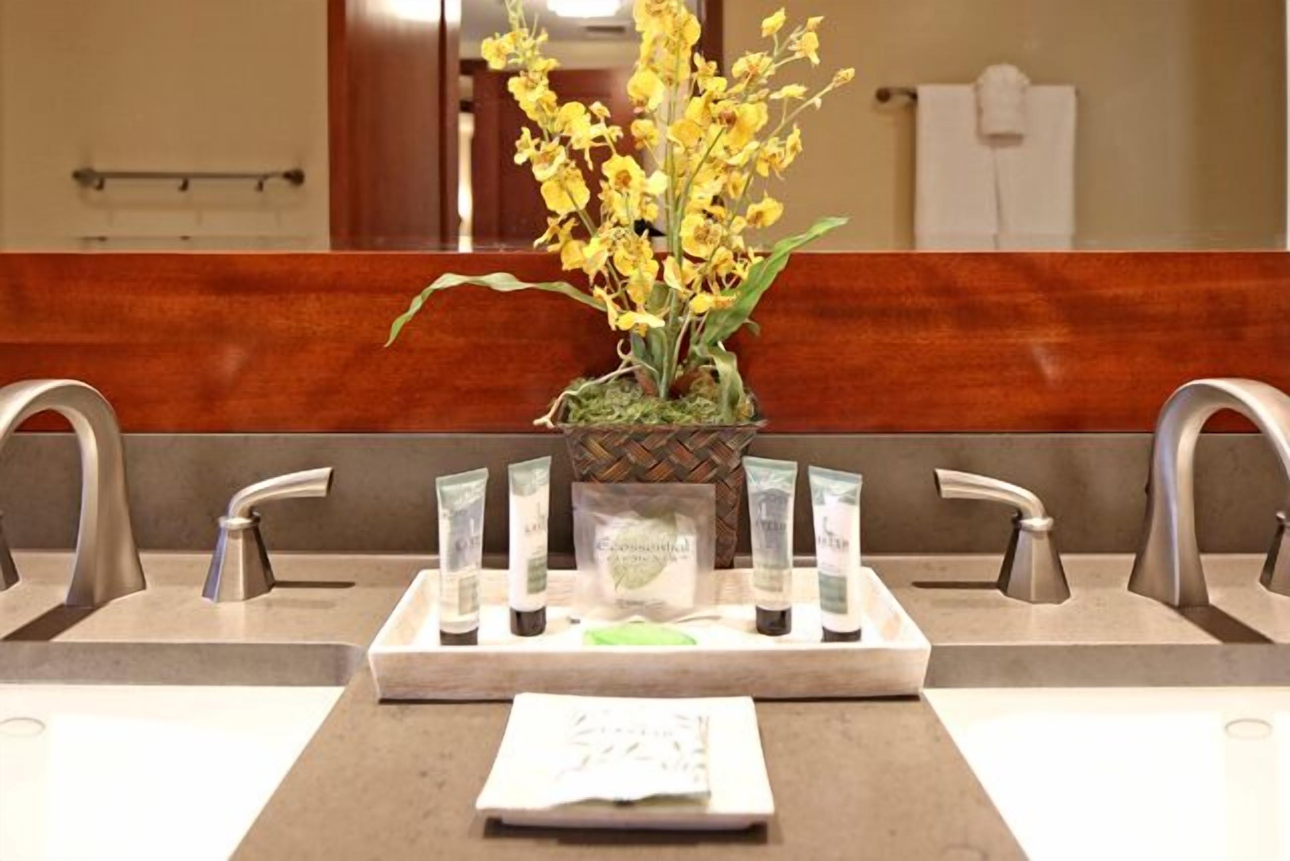 A bathroom with two sinks, a mirror, and a potted plant with yellow flowers.