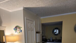 A hotel room with a bed, a dresser, a lamp, a refrigerator, a microwave, and a kitchen area. - Come for the beach, stay for the memories. Enjoy free beach access & huge pool! (Atlantic Beach)