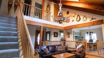 TV, lareira, DVD player, livros